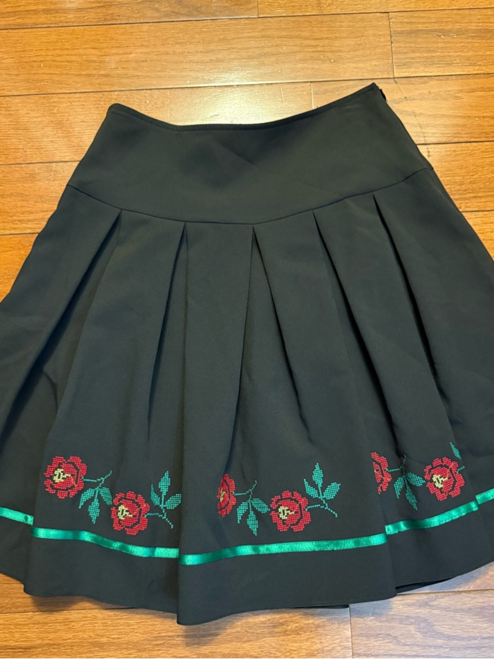 Adored Black Pleated Skirt with Red Floral Embroidery